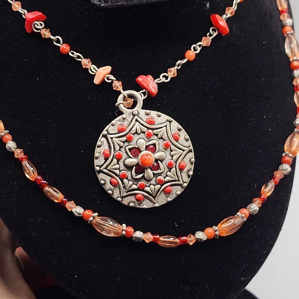 Bohemain Double Strand Red Peach Shell Pendant Necklace 20in